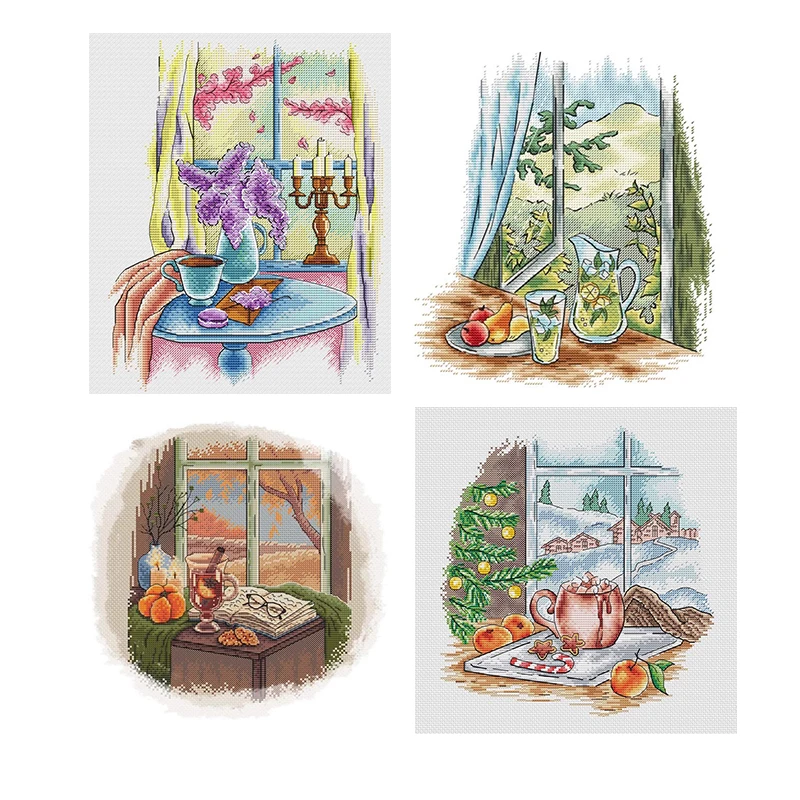 

Windows of the Four Seasons Patterns Counted Cross Stitch 11CT 14CT 16CT 18CT DIY Cross Stitch Kits Embroidery Needlework Sets