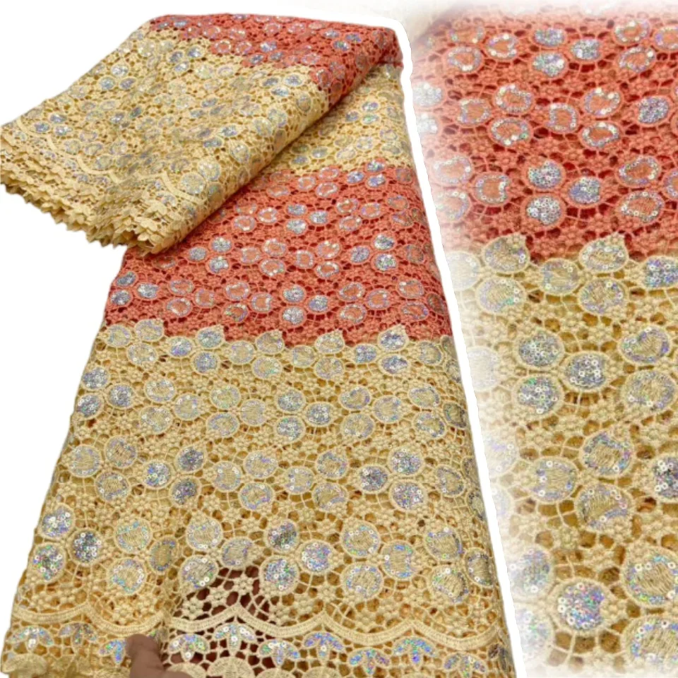 

Newest African Guipure Lace Lace Fabric 5 Yards High Quality Nigerian Embroidery Rope Lace Fabric For Evening Party Dresses 2170