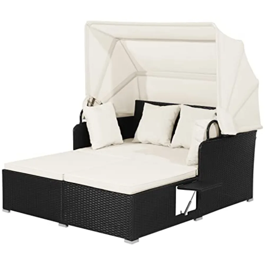 Outdoor hand-woven PE wicker daybed patio loveseat sofa set in beige with retractable canopy 2 side tables, sun lounger with so