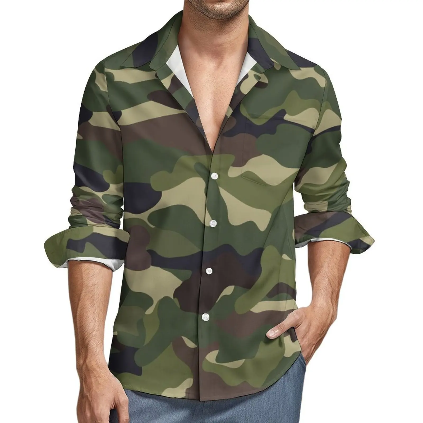 

Green Army Camouflage Shirt Spring Camo Print Casual Shirts Man Vintage Blouses Long Sleeve Design Y2K Street Clothes Plus Size