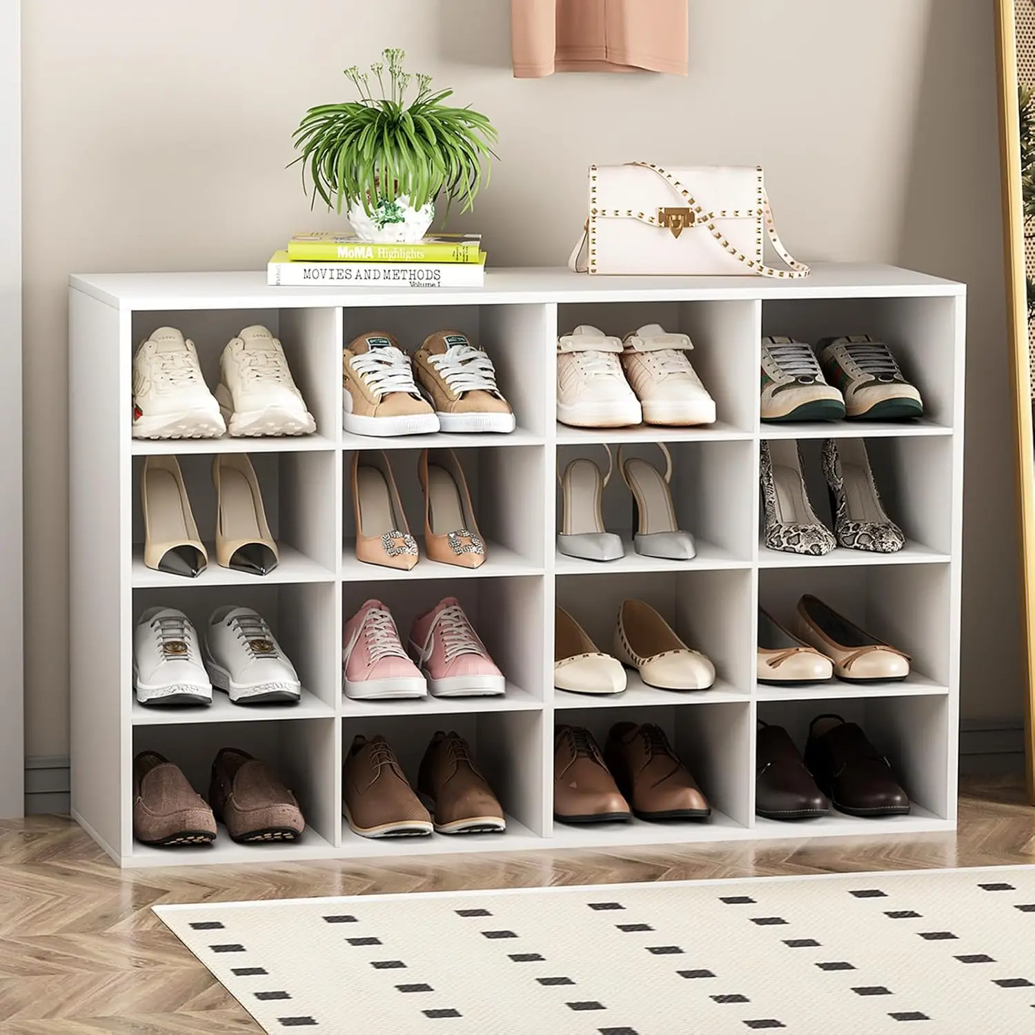 

4-Tier Wood Shoe Rack with 16 Cubbies, Entryway Storage Bench Organizer for Hallway Closet Garage in White