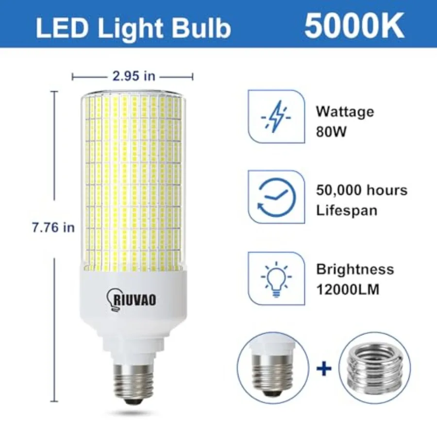 RIUVAO Led Corn Light Bulb 2 Pack, 800W Equivalent 5000K Daylight 12000Lm Super Bright E26/E39 Base 80W Led Bulbs, Replace Meta