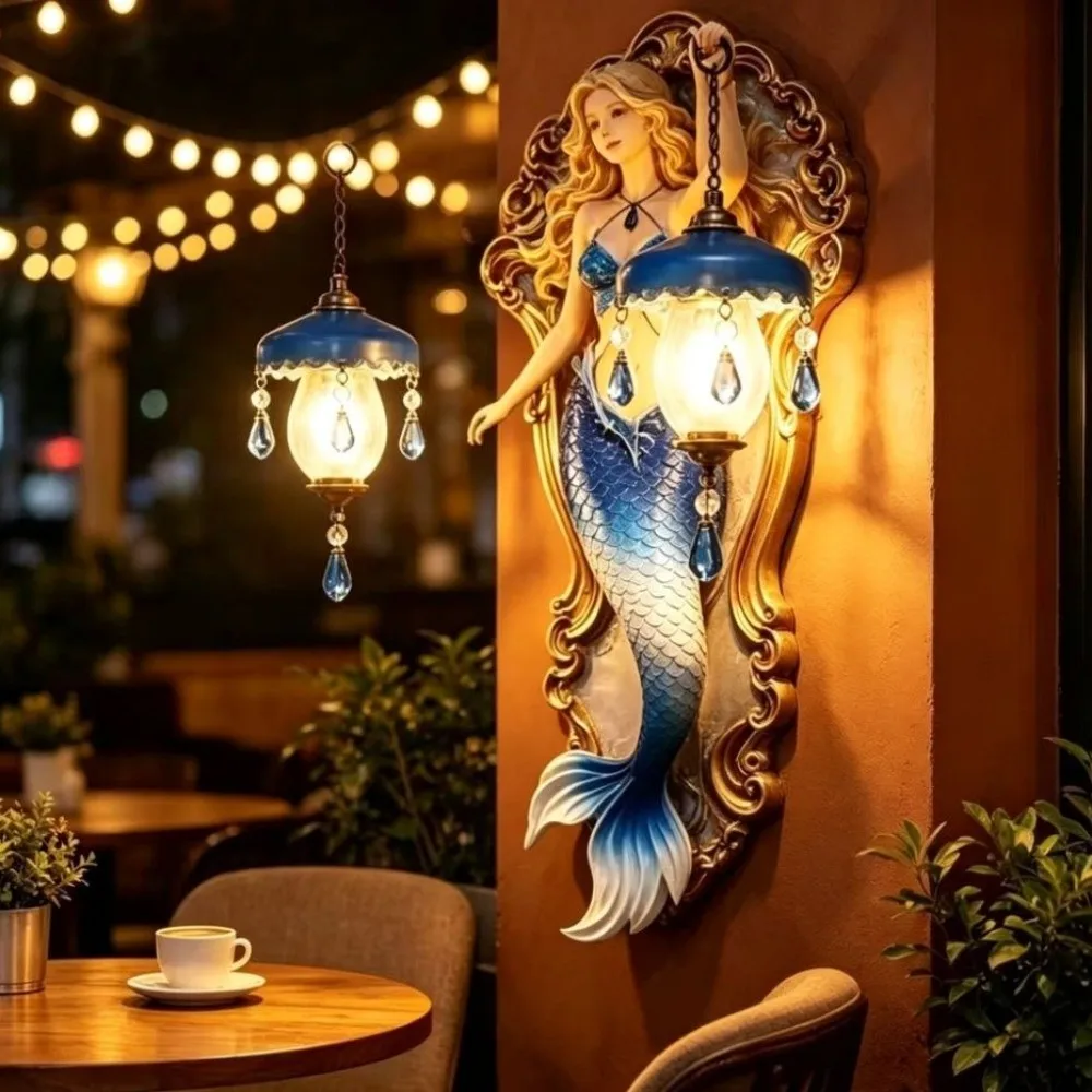 Resin Material Mermaid Wall Lamp Crystal Pendant Soft Ambient Light Resin Wall Lamp Ocean Style Mermaid Design