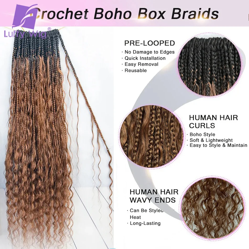 Tranças Box Omber-Boho com Cabelo Humano, Cachos, Pré-Looped, Trança Sintética, Deep Curly, Full Ends, Extensão, #30