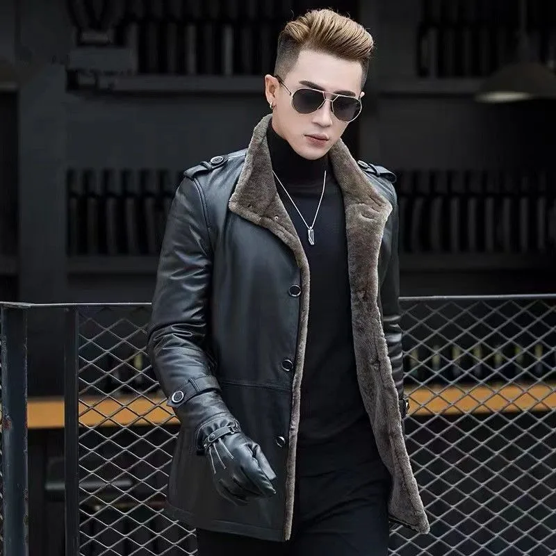 

Leather Leather Jacket Men's New Slim Fit Medium Long Fur Integrated Velvet Mink Hair Winter Men's Jacket Casual Personality