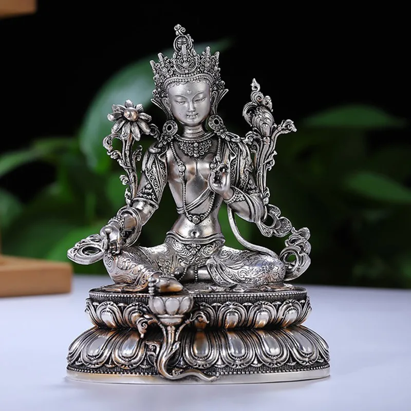 Tibetan White Bronze Green Tara Buddha Statue Ornament, Tantric Ethnic Style, for Buddhist Temple and Home Worship, Guanyin Smal
