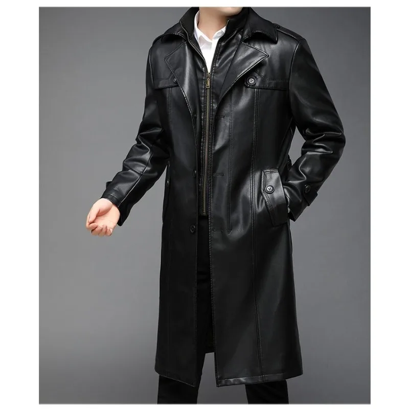 New High-end PU Leather Jacket Men' Medium and Long copy Calfskin Jacket Suit Fleece Thickened Handsome Trench Coat Faux Leather