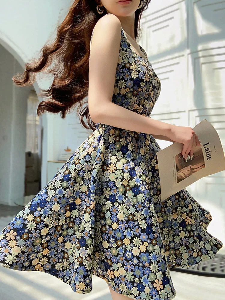 DABUWAWA Tienda Vestidos Elegantes Para Mujeres Jacquard Dress For Women Sleeveless Square Collar Ball Gown Skirt Y2K DA1BDR043