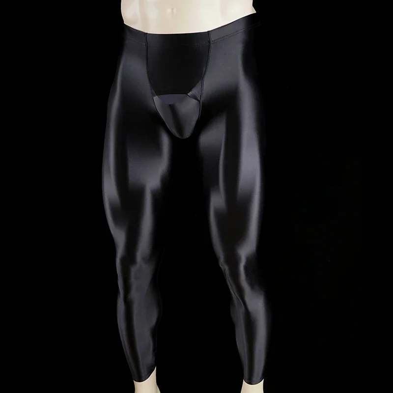 Mens Glossy Semi-through Solid Leggings Skinny Pants Yoga Exercise Running Fitness Workout Dance Trouser Swimwear Sportswear