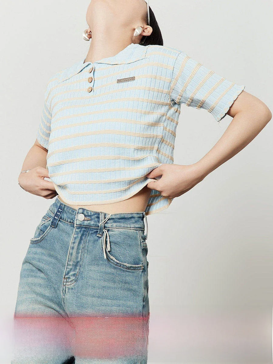 

Синяя вязаная повседневная полосатая рубашка с коротким рукавом, летняя новинка, для работы и отдыха, приталенная, классический узор, с пуговицами, T S...