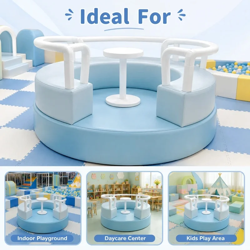 JINLI TOYS OCEANBlue Soft Play Merry Go Round with 4 Padded Seats Carousel for Kids Indoor Playground Equipment
