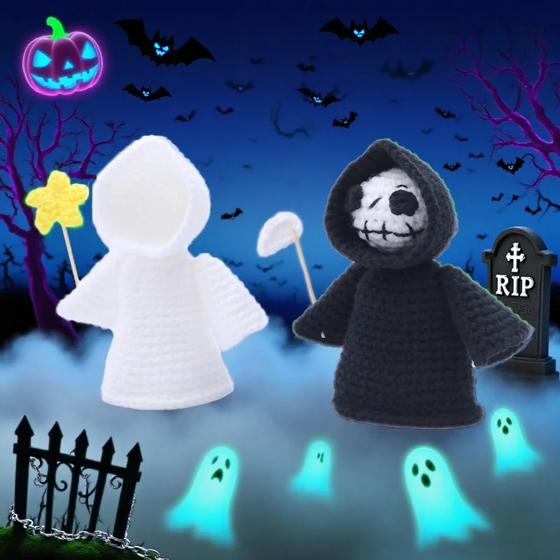 Handmade Halloween Skeleton Crochet with Positive Card Home Halloween Decoration Funny Knitted Death Skull Doll Ornament Decor