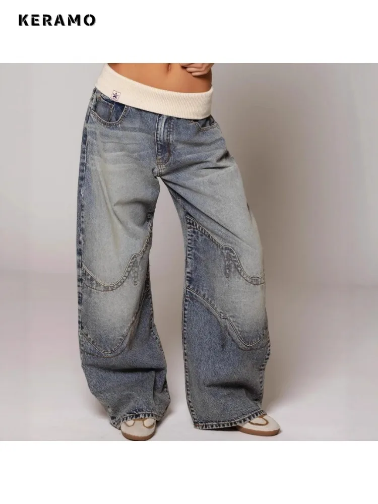 Women's Casual Elastic Waist Retro Denim Trouser Safari Style Baggy Emo Jeans 2025 Winter Blue Y2K 2000s Full Length Pants