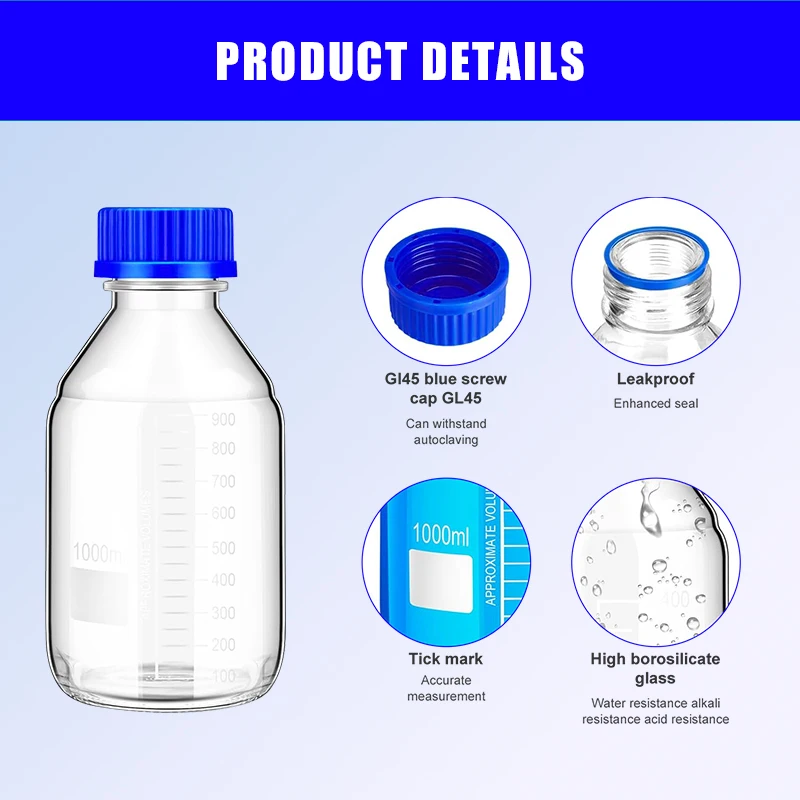 WESTTUNE 1Pcs 25-1000ml Brown/Clear Graduated Round Refillable Bottles Glass Media Storage Bottles with Blue GL45 Screw Caps
