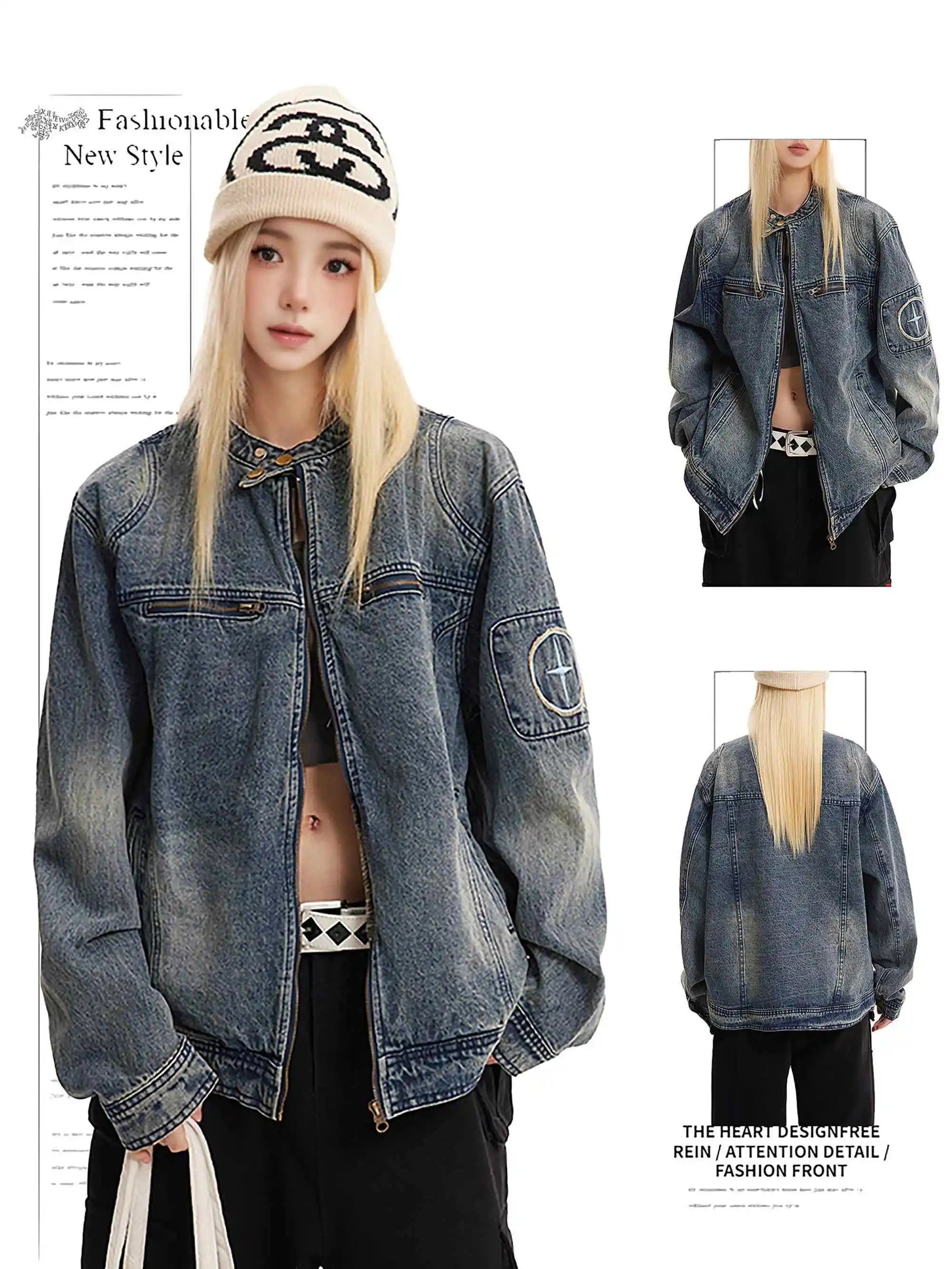 

2025 Autumn Winter Women Japanese Full Zip Denim Coat Tomboy Cowboy Jacket 2000s Y2k American Vintage Outwear Oversize Harajuku