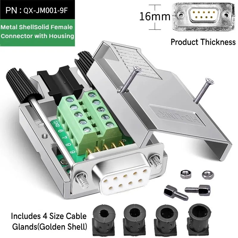 DB9 Solderless Connector Plug with Upper and Lower Cover Locking Type, 9-Pin 9-Hole RS232 COM Port Male and Female Connectors