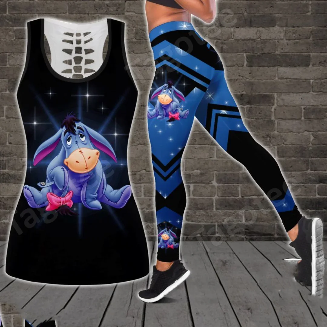 Disney Eeyore Women's Hollow Vest + Women's Leggings Yoga Suit Fitness Leggings Sports Suit Winnie the Pooh Tank Top Legging Set