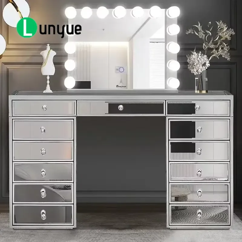 Hot Style Luxury Bedroom Silver with Clear Glass Tabletop Lots of Storage Dresser 13 Drawer Storage Cabinet Vanity Set