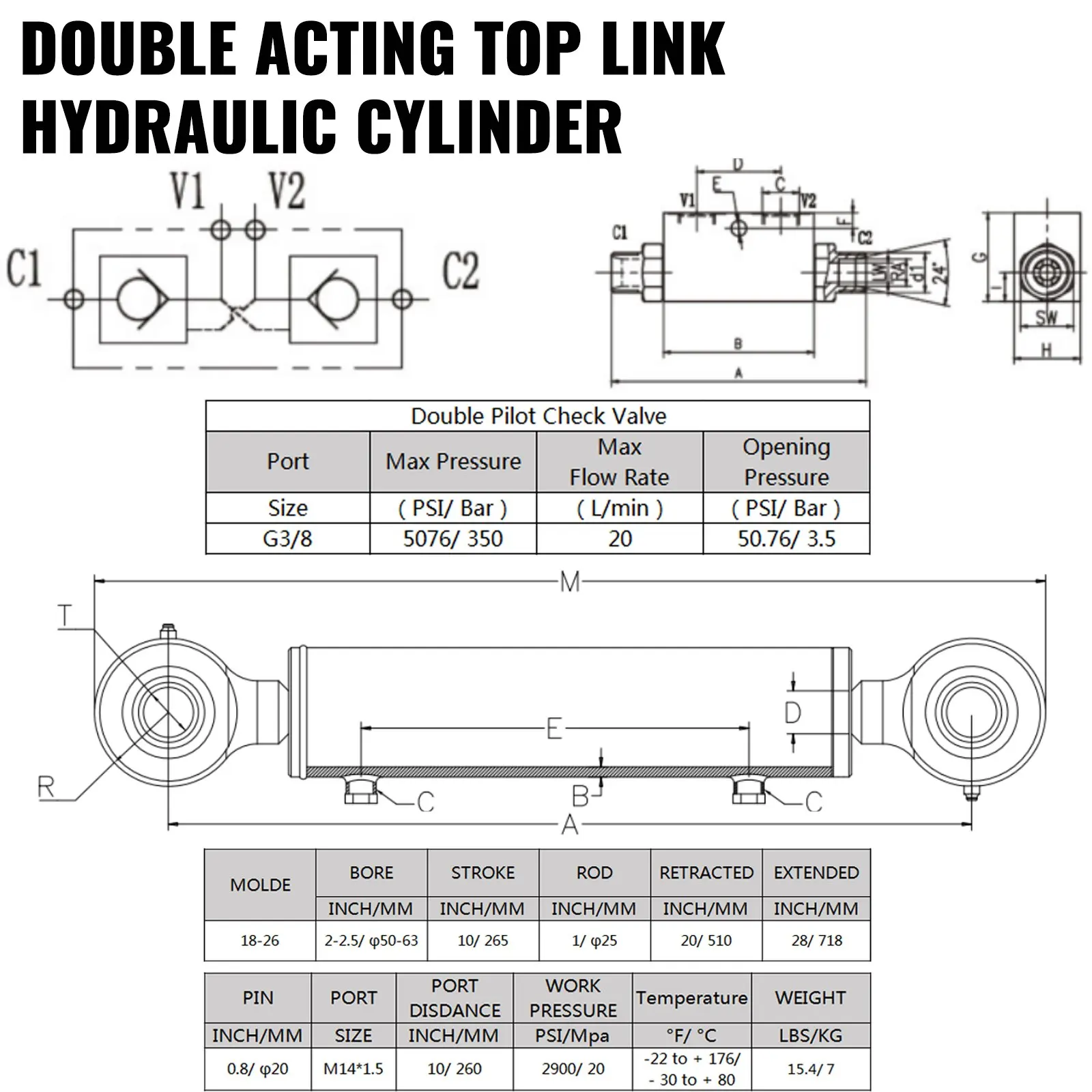 Double Acting Hydraulic Top Link Cylinder w/ Check Valve  2” Bore, Top Link Hydraulic Cylinder 10” Stroke  for Tractors