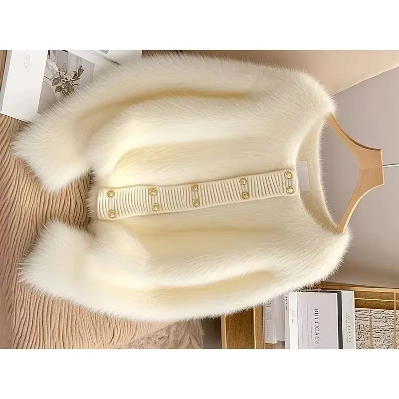 

2025 женский корейский модный и универсальный дизайн, кардиган, топ, зимний темперамент, веер богини Mi, свитер из белого норкового меха, женское пальто