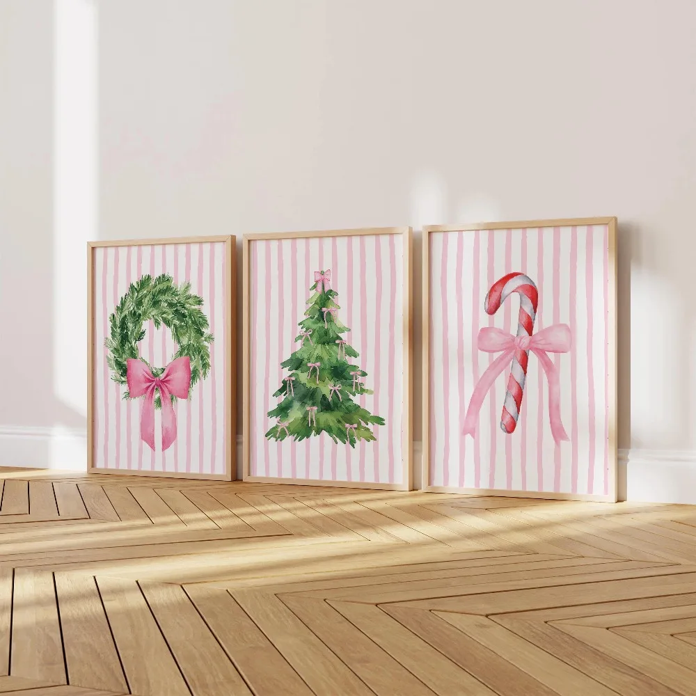 Frameless Christmas Art,Digital Art Download,Fashionable Pink Christmas Print,Girly Holiday Wall,Cute Ribbon Bow Christmas Decor