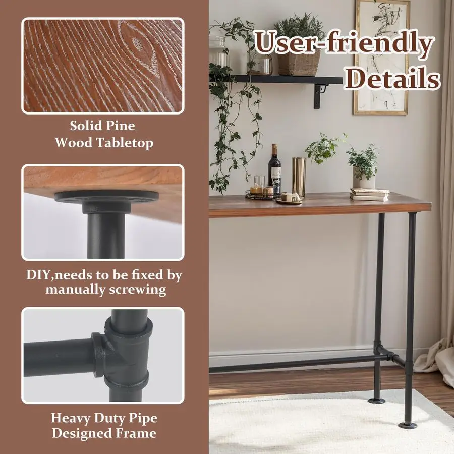 Rectangular Dining Table for 4, 47.3 L x 41.3 H x 23.6 W, Heavy Duty Metal Pipe, Solid Wood Desktop, Home Kitchen Bar Office Caf