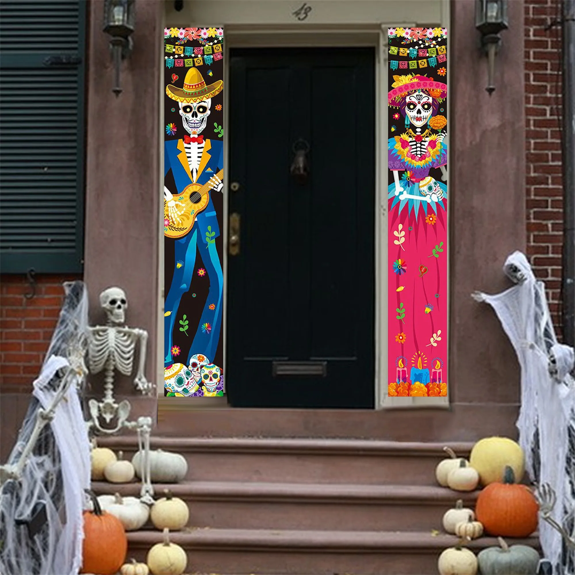 

Festive Day of the Dead Decorations Colorful Sugar Skulls Marigold Flowers and Day of the Dead Banners for a Spooky