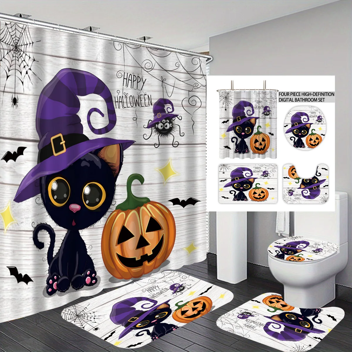 Halloween-Dekor Duschvorhang-Set mit Niedlichem Hexen- und Schwarzkatzen-Druck, Schnelltrocknend, Langlebig, Wasserdicht, 12 Haken, 3-teilige Bodenmatte