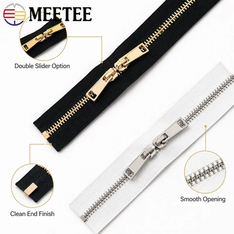1Pc 5# 60-150cm Metal Open-End Zipper Auto Lock Single or Double Sliders for Jacket Coat Garment Replacement Sewing Repair Kit