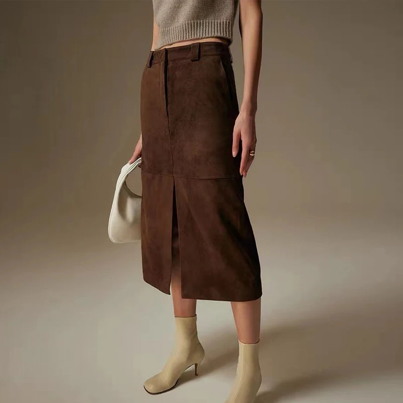 Vintage Brown Genuine Sheepskin Leather Skirt for Women 2024 New Fashion Ladies Front Split High Waist Sheepskin Suede Skirts