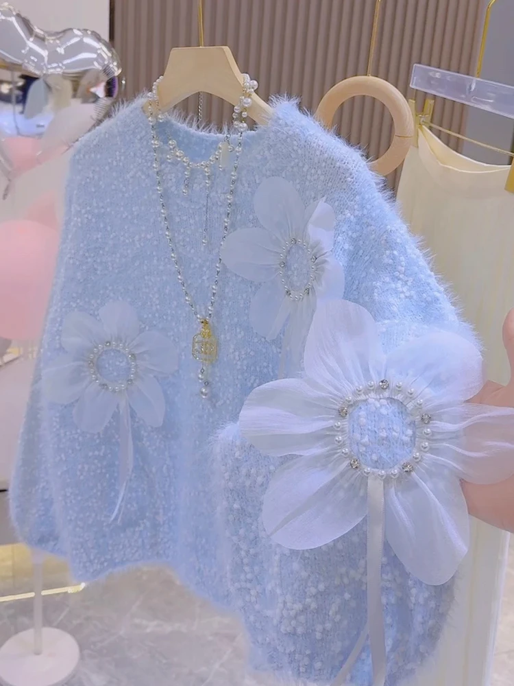 Suéter de Punto ueso para Mujer, Diseño de Flores 3D Dulce, Color Rosa, Estilo Coreano Nuevo de Otoño Invierno, Suéter Vers...