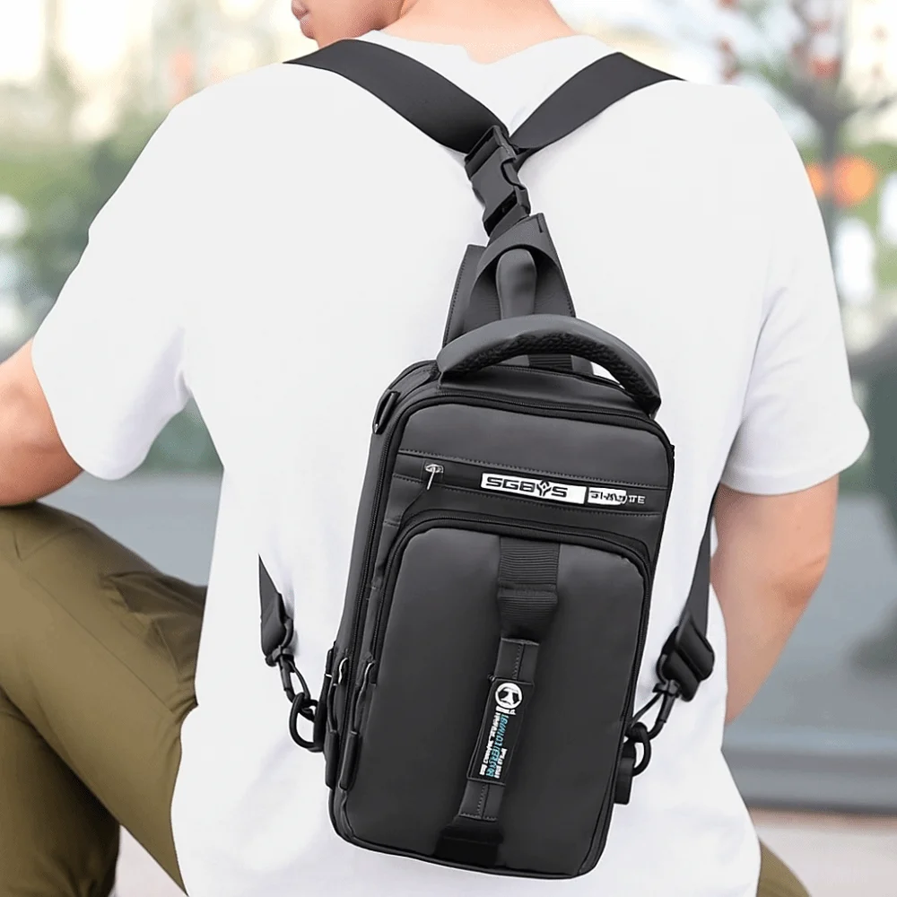 Tas Dada Pria Multi Saku Fashion Tas Bahu Olahraga Nilon Pengisi Daya USB Tas Selempang Kapasitas Besar Warna Solid untuk Perjalanan