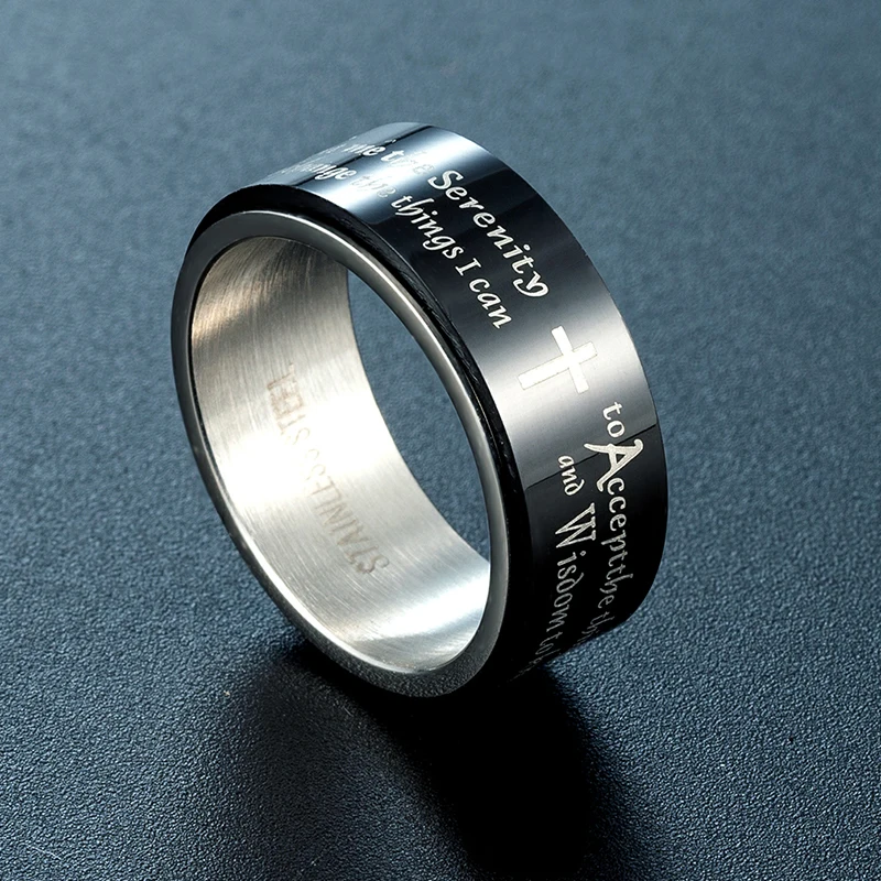 Anillo de acero de titanio con cruz giratoria para hombres, joyería religiosa gótica punk, banda negra con letras giratorias para padres, regalo para hermanos
