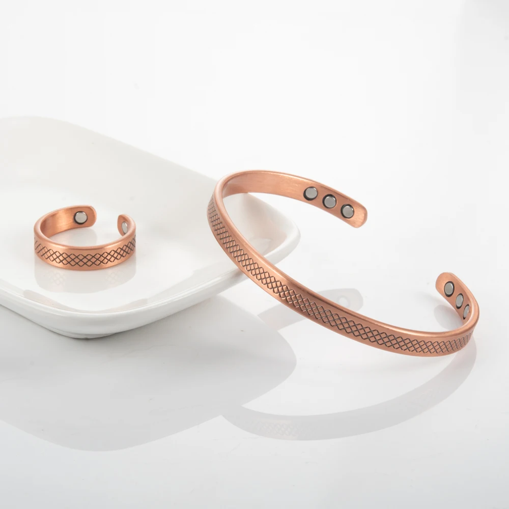 Vinterly Magnetic Pure Copper Jewelry-Set Adjustable Bracelets Ring Magnet Resizable Health Jewelry Sets Open Cuff Soft Matel
