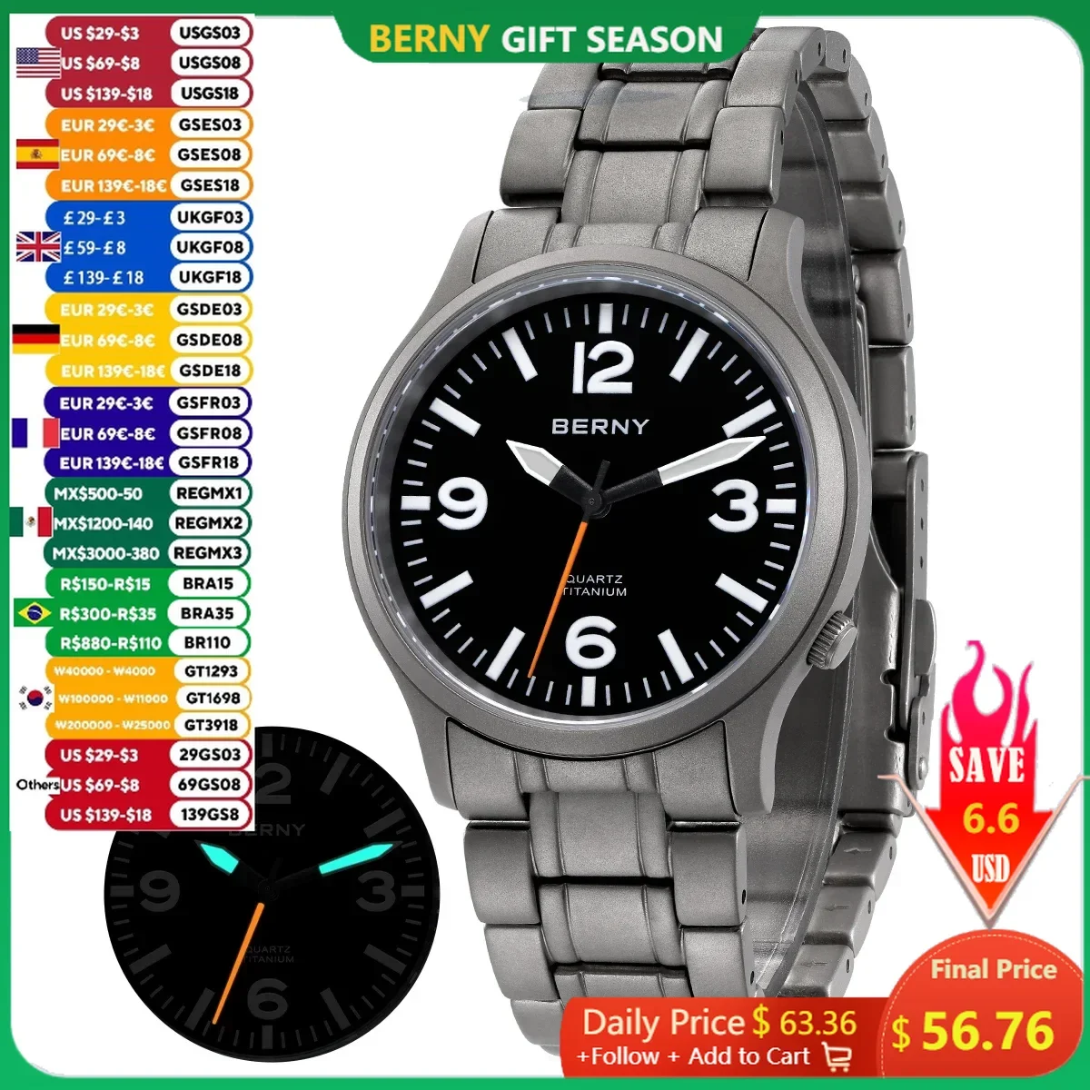 BERNY Men Titanium Watch Quartz Movement Lightweight and Comfortable Watches Titanium Strap Luminous 50M Waterproof Wristwatch