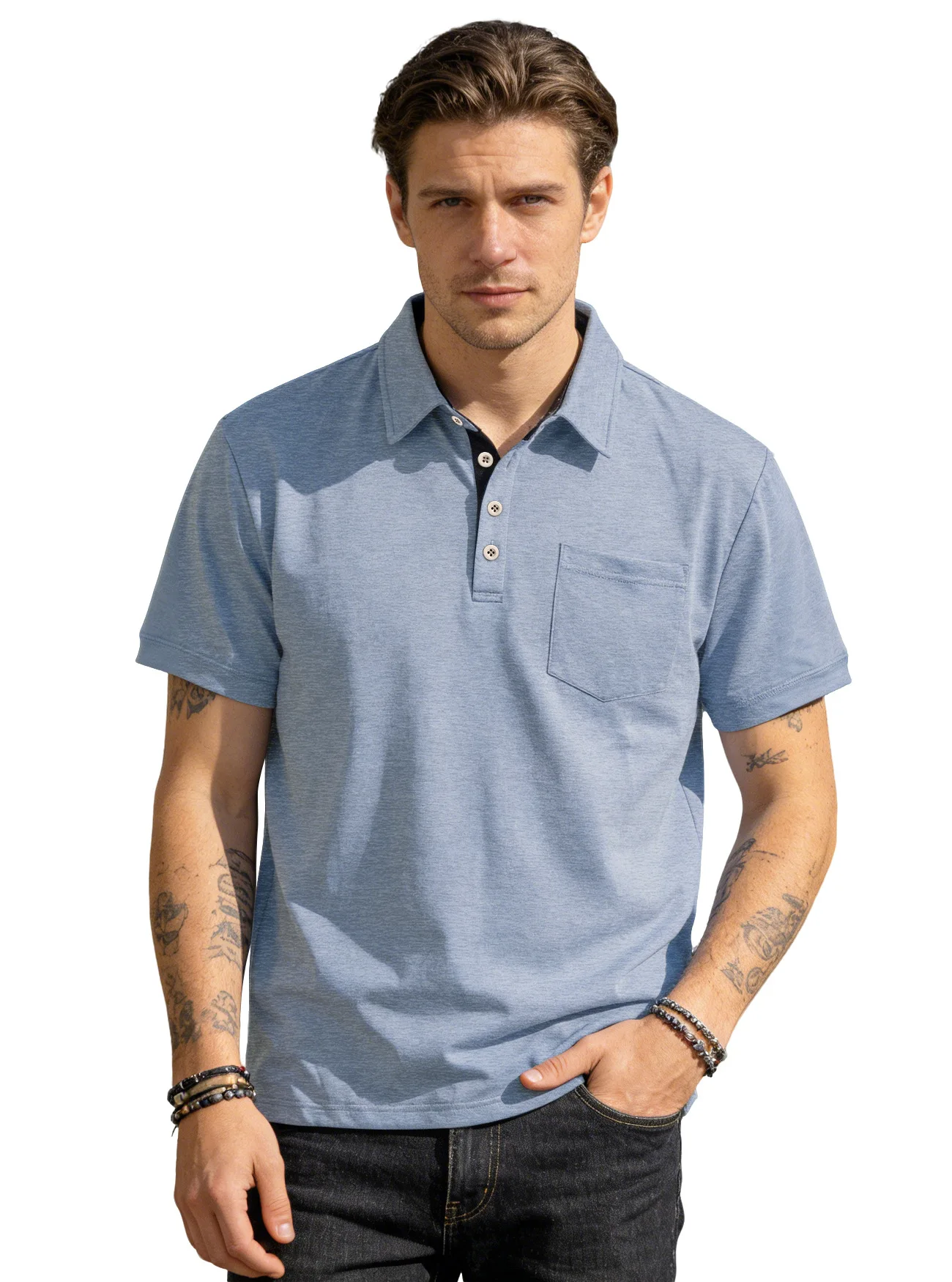 Men's Casual Business Polo Shirt Lapel Collar Chest Pocket Loose Short Sleeve Summer Daily Wear 2026 Summer New Men's Polo Shirt