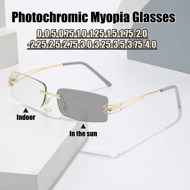 

New Trendy Photochromic Myopia Glasses Fashion Women Framelesse Minus Diopter Eyewear Outdoor Color Changing Sunglasses-0.5-1.75