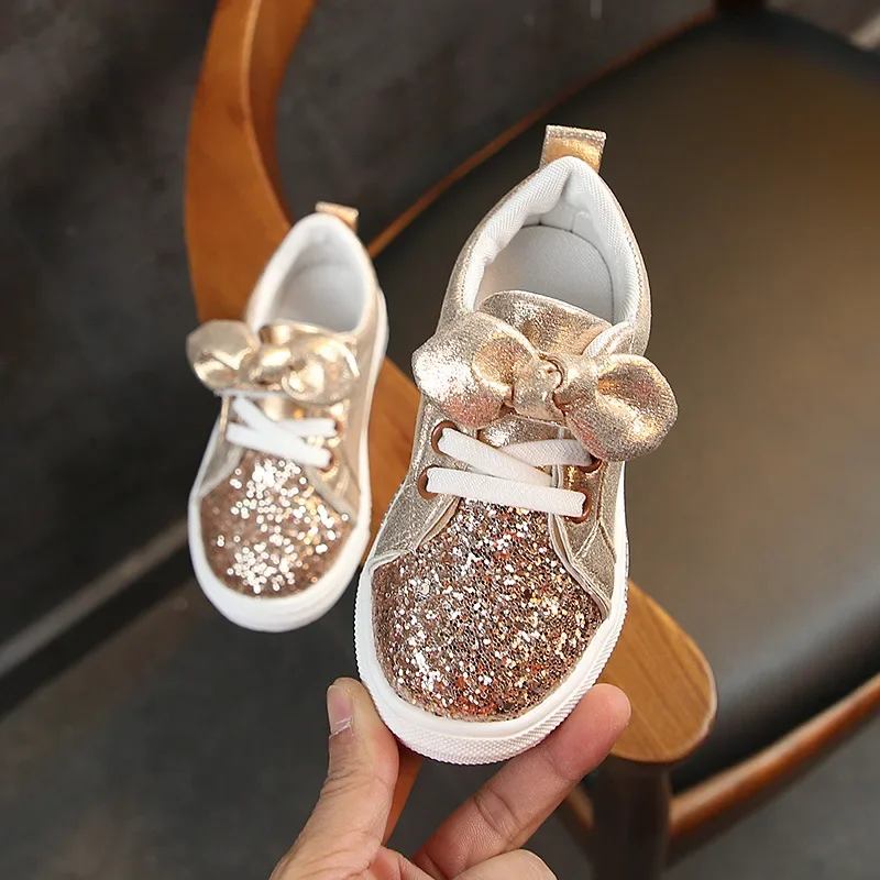 2020 Spring Autumn Girls Shoes Baby Sneakers Children Casual Shoes Fashion Bow-knot Glitter Leather Non-slip Flat Princess Shoes