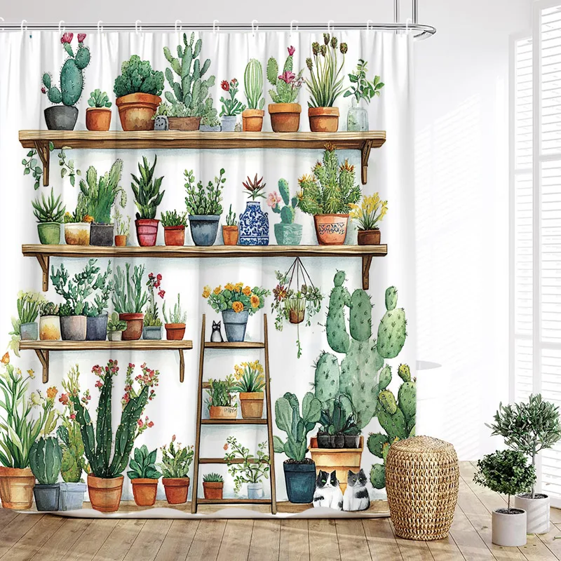 

Tropical Cactus Shower Curtain Succulent Potted Watercolour Plants Bath Curtains Polyester Fabric Home Bathroom Decor with Hooks