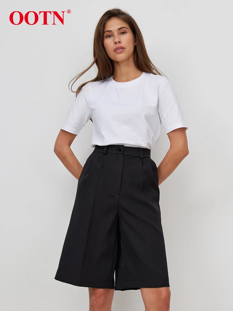 OOTN Office Ladies Khaki Midi Shorts Elegant High Waist Pleated Short Pants Female Summer Casual Pockets Shorts 2024 New Black