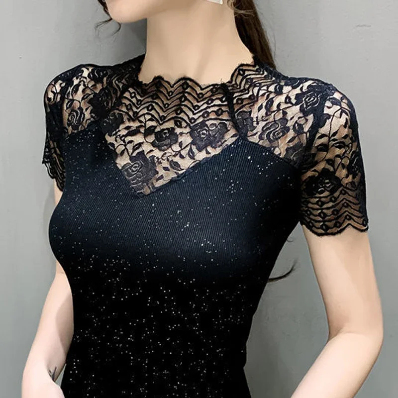 M-4XL Summer Hollow out Black shirt New fashion Sexy Short-sleeved Mesh Lace T shirt Women Casual Bright silk Tops V1050