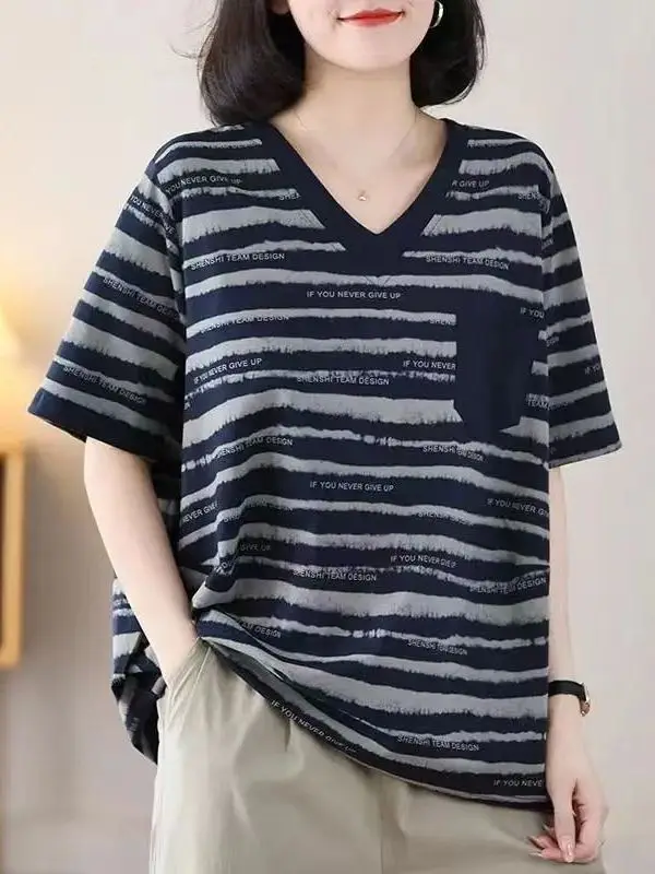 

Slimming Effect ort Sve T-irt Casual V-Ne Striped Belly Covering Large Size Women's Faionable Top Casual Wear