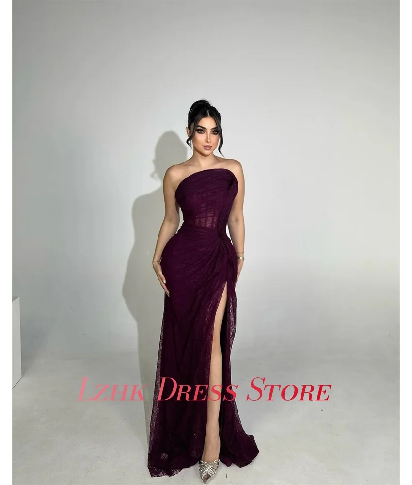 Vestido de noite sereia de renda de alta qualidade personalizado, delicado, sem mangas, sem alças, até o chão