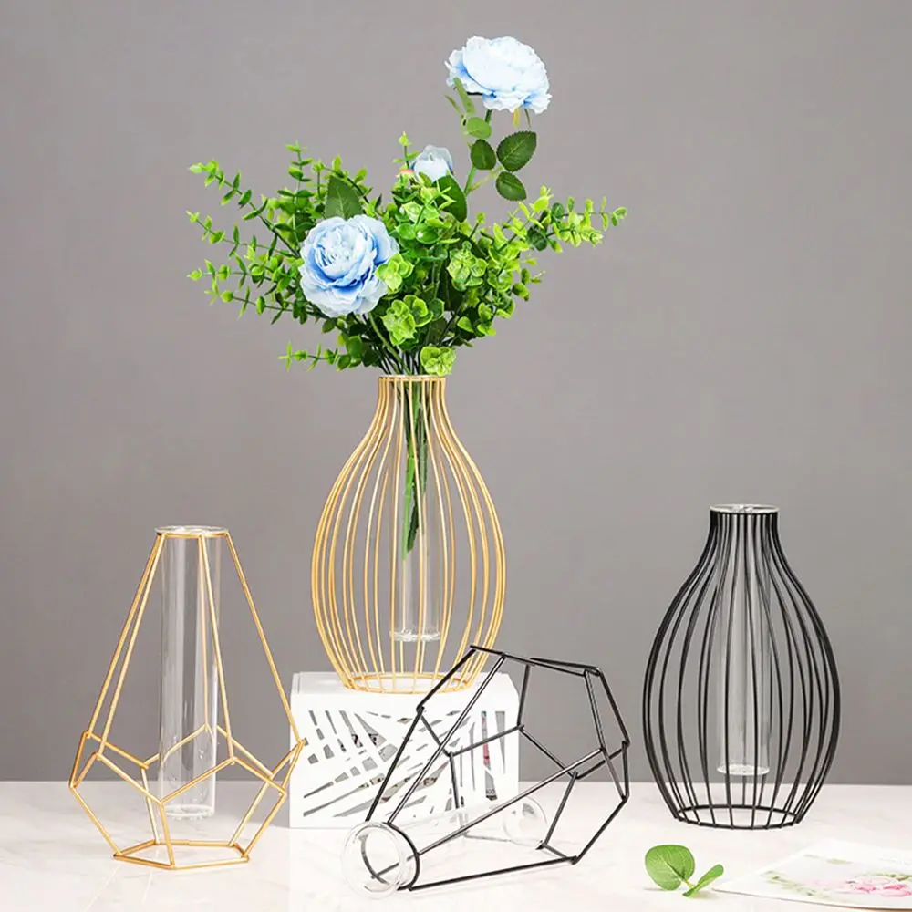 Florero hidropónico de estilo nórdico, marco de línea geométrica, arte de hierro, tubo de ensayo de vidrio, soporte de Metal, decoración del hogar, regalo artesanal