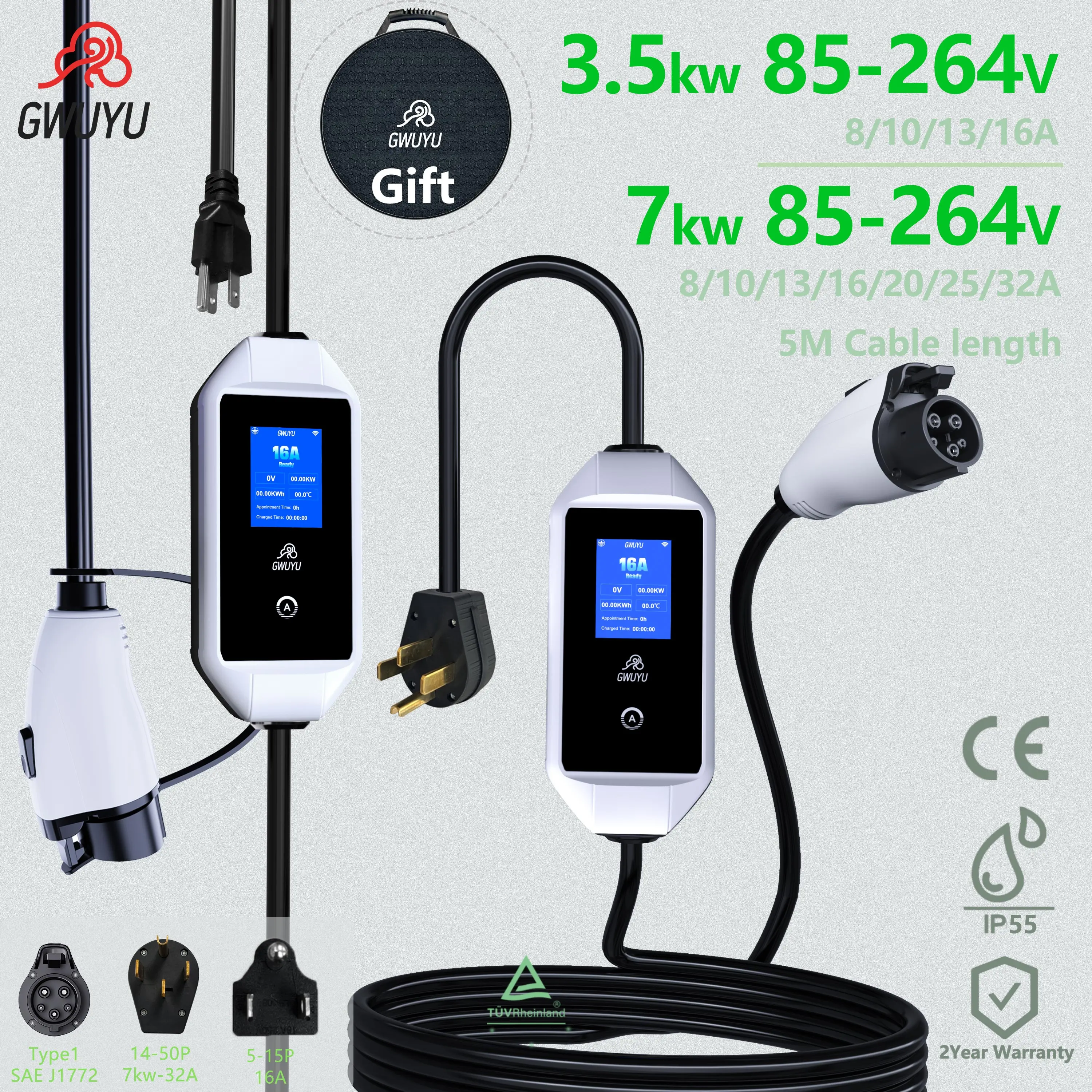 

GWUYU Type1 Car Charger 3.5 kW/7 kW J1772 Connector Portable Wall-Mounted Car Charger with 32 Amp Plug Adjustable Current 1Phase
