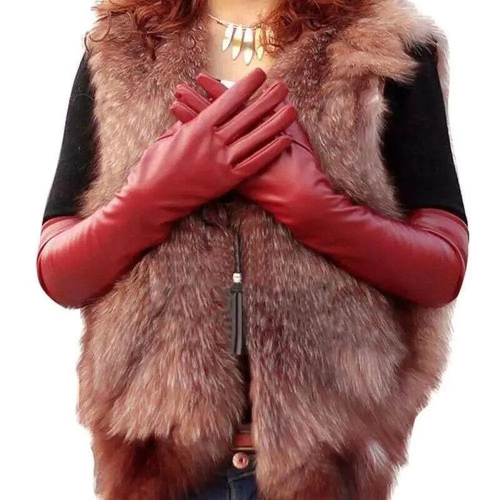 Gants longs élégants en cuir verni, matériau souple, garde au chaud, accessoires de Costume noirs, gants de soirée