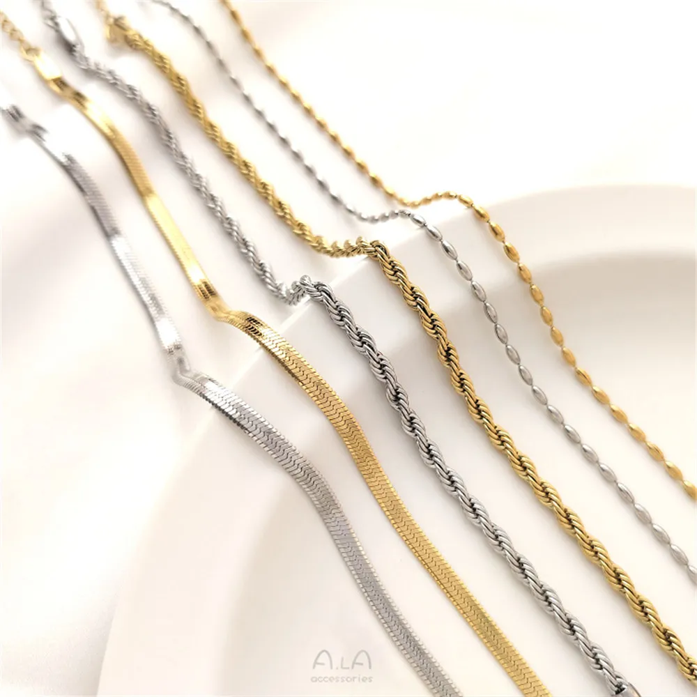 Titanium Steel Fried Dough Twists Necklace Blade Bracelet Rice Bead Collar Chain Handmade Minimal Plating 18K Gold