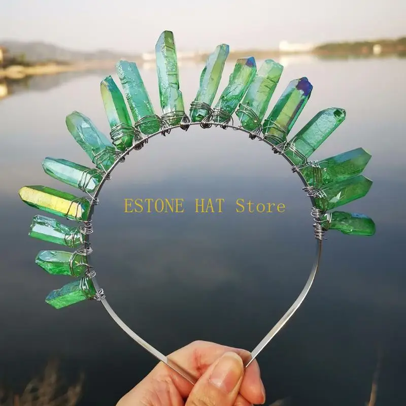 49MF for Raw Crystal Headband Multicolor Gradient Jewelry for Sun Crown Wedding Bridal Holiday Party Hair