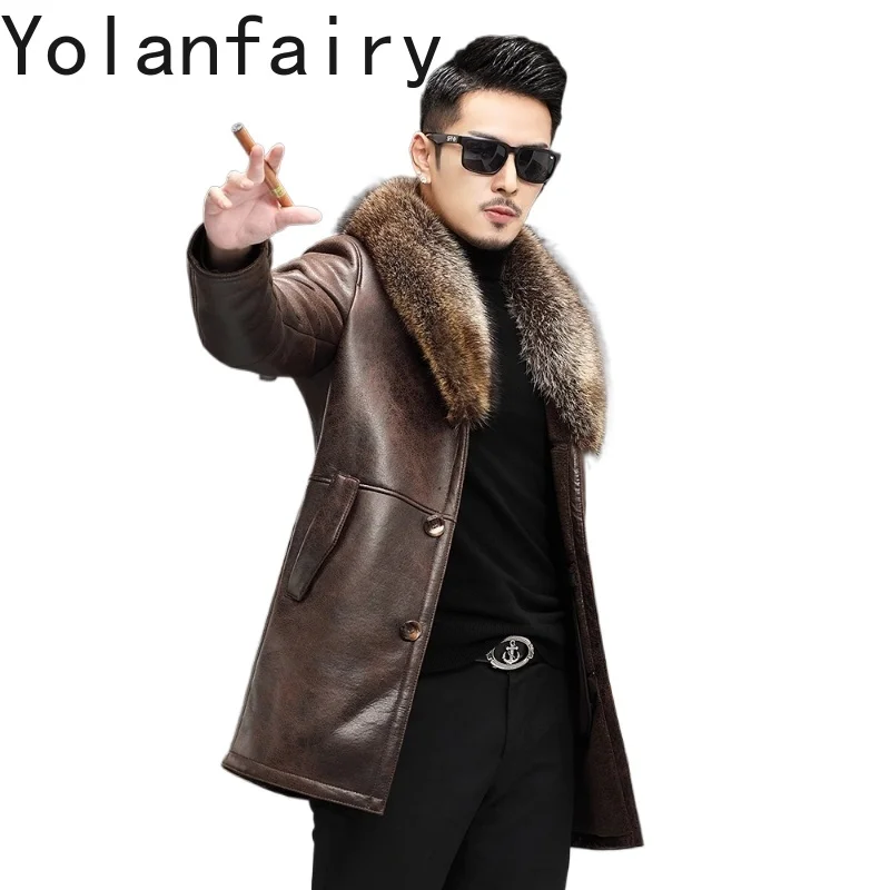 

YOLANFAIRY Natural Sheep Fur Jacket for Men Mid-length Luxury Real Wool Fur Coat Man Winter Raccoon Fur Collar Men's Jackets