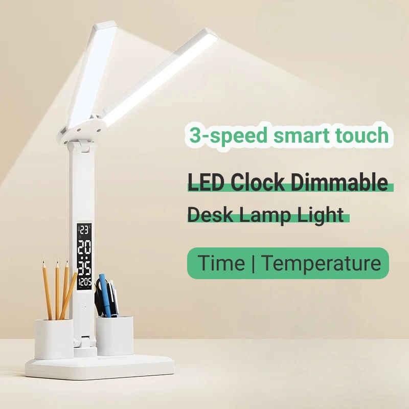 LED Clock Table Lamp USB Plugging Dimmable Desk Lamps 2 Heads 180 Rotate Foldable Eye Protection Desktop Reading Night Lights